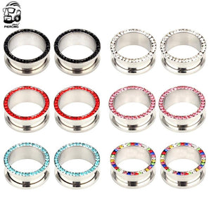 2pcs Crystal Ear Plug Tunnels Stainless Steel Gauges 3mm-25mm