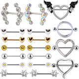 2PCS Nipple Piercing Heart Ear Barbell Shield Flower Rings 14G