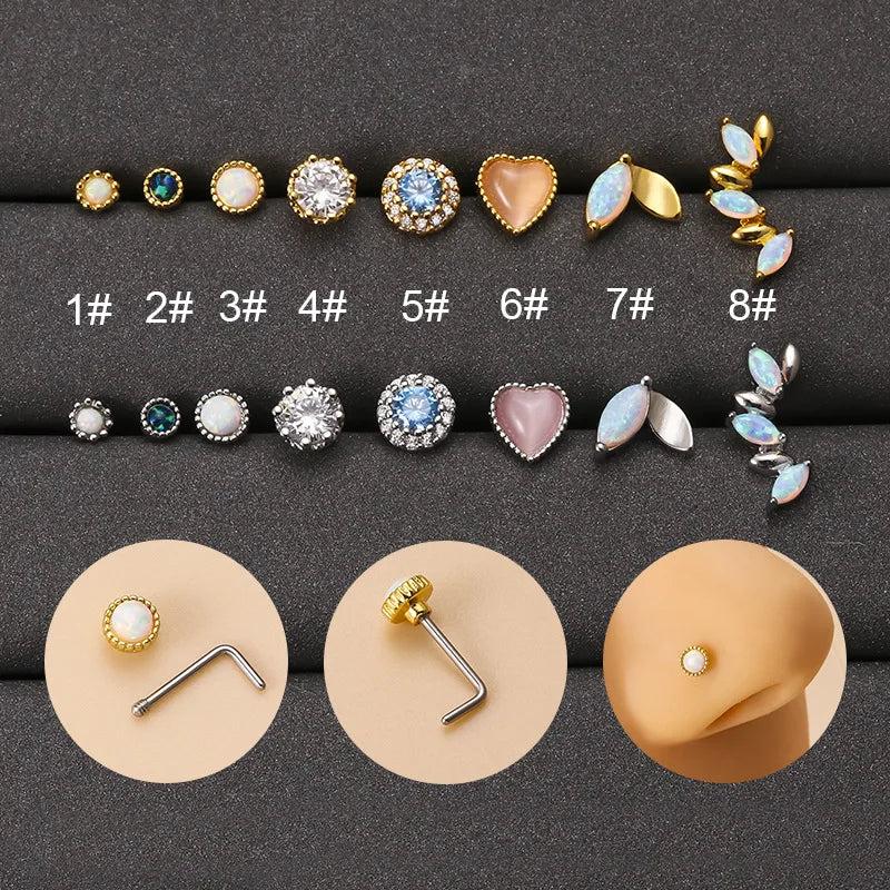 20G Stainless Steel Opal Stone L Shape Nose Stud Zircon Nose Ring