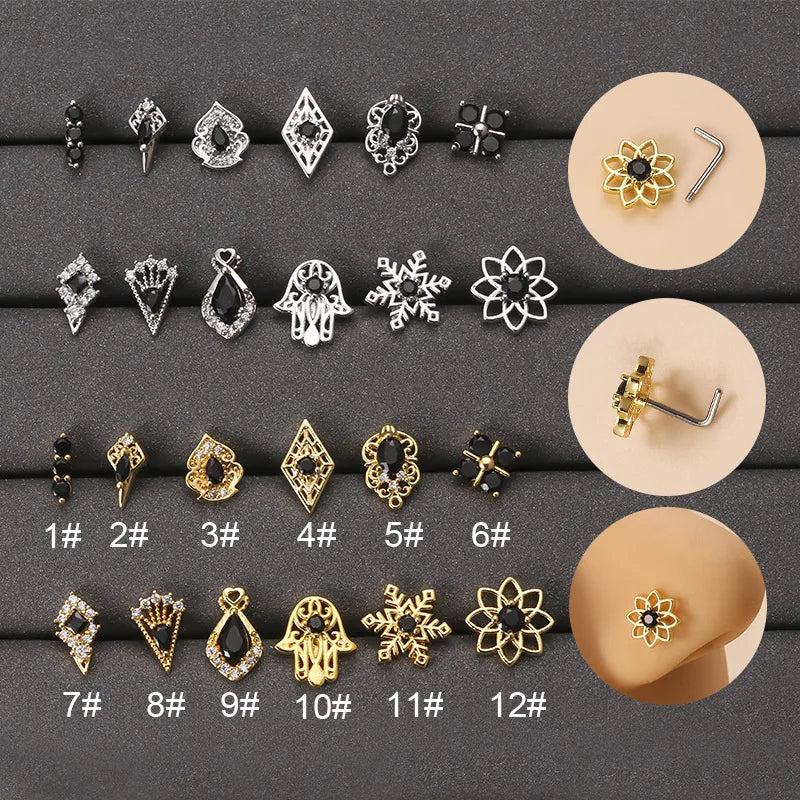 Vintage Zircon Nose Nail Stainless Steel L Rod Piercing Body Jewelry Nose Studs