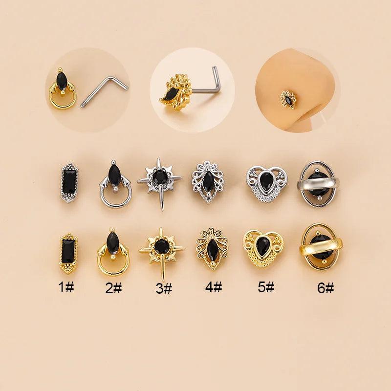 Vintage Zircon Stainless Steel L Rod Piercing Body Jewelry Nose Stud