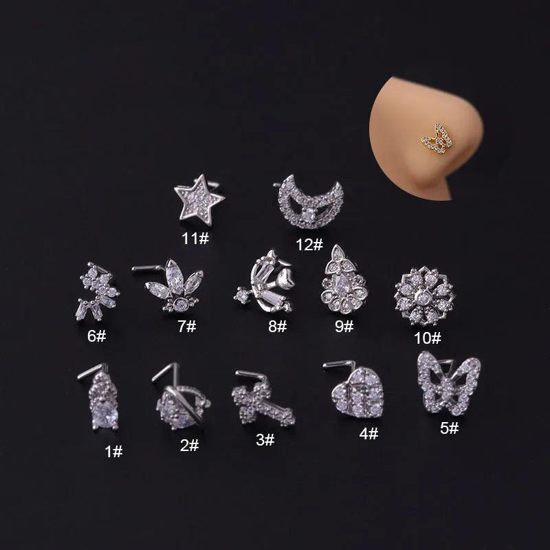 20G CZ Nose Stud Stainless Steel Nose Rings L Shape Nose Studs Screw Piercing
