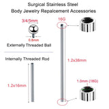 10Pcs 16G 1.2x16/38mm Threaded Bar Jewelry Tongue Industrial Piercing Balls