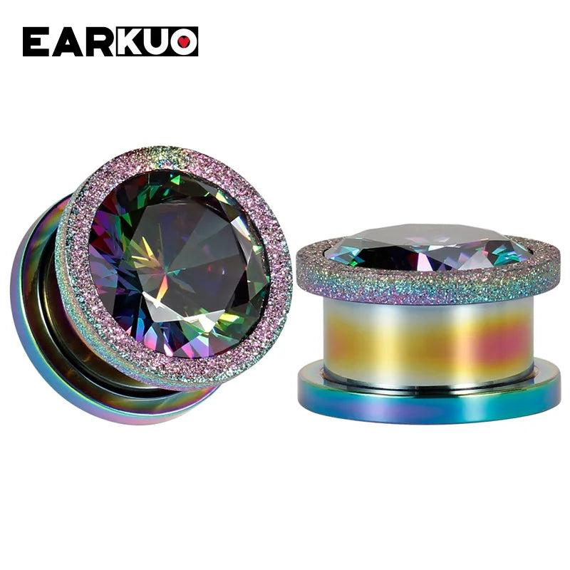 EARKUO Stainless Steel Zircon Ear Tunnels 2PCS