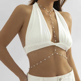 Pearl Cross Body Chain Necklace for Women Girls Sexy Beads Bikini Chain