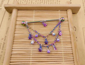 Rainbow Moon Bead Triple Chain Dangle Industrial Barbell 38mm