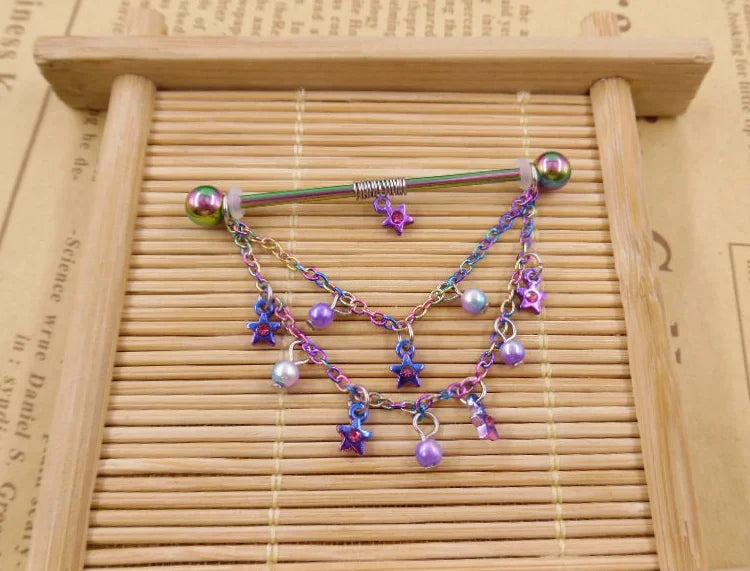 Rainbow Moon Bead Triple Chain Dangle Industrial Barbell 38mm