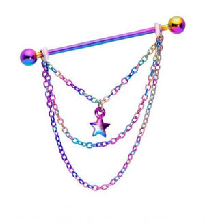 14G Rainbow Star Triple Chain Dangle Industrial Barbell