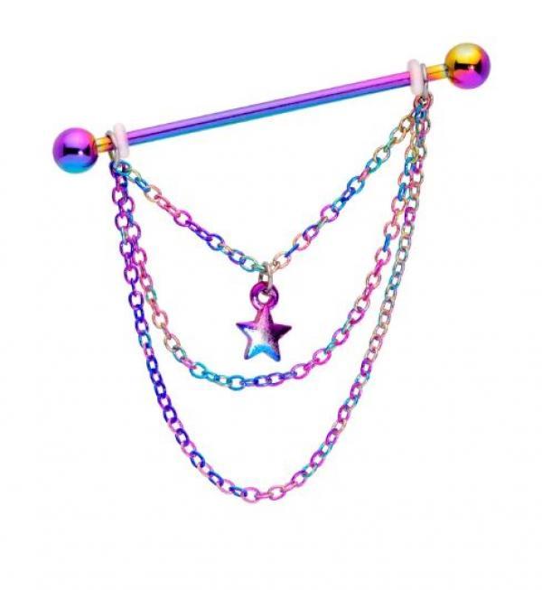 14G Rainbow Star Triple Chain Dangle Industrial Barbell