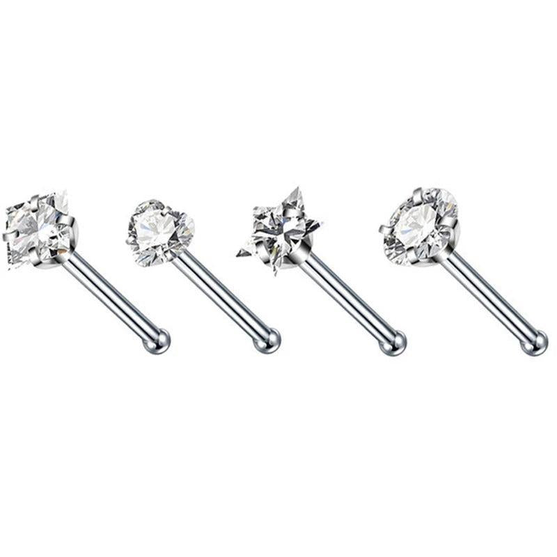 4pcs Surgical Steel Heart Nose Studs - L Shape Nose Piercing Set