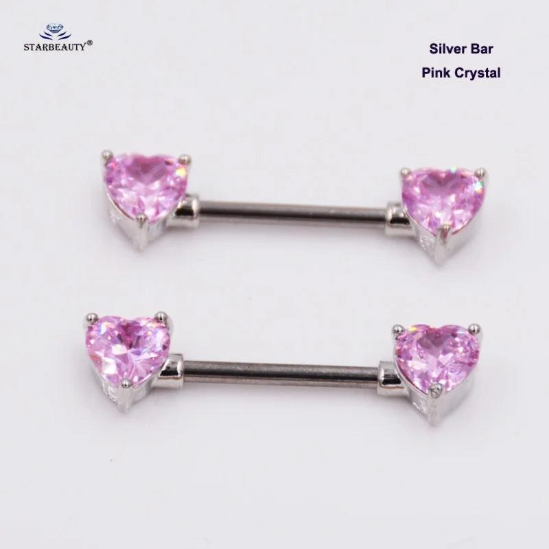 2 pcs Green Opal Nipple Ring 14G Heart Crystal Stainless Steel