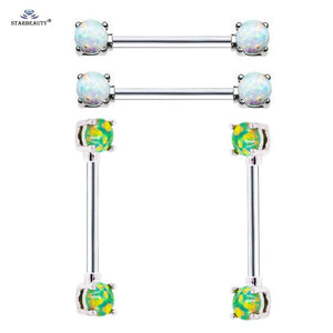 2 pcs Green Opal Nipple Ring 14G Heart Crystal Stainless Steel