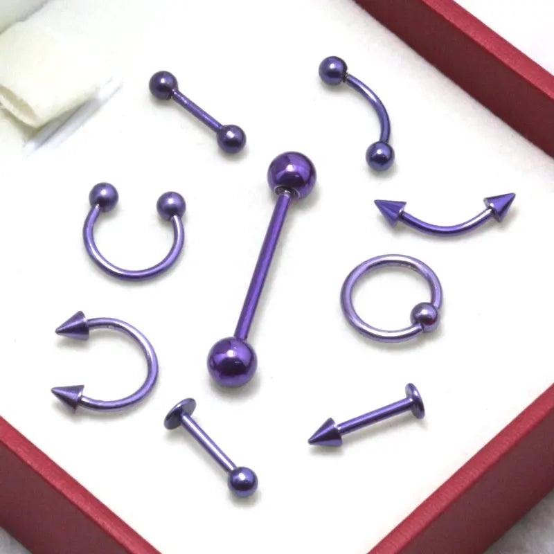 9pcs Purple Stainless Steel Captive Piercing Jewelry Set