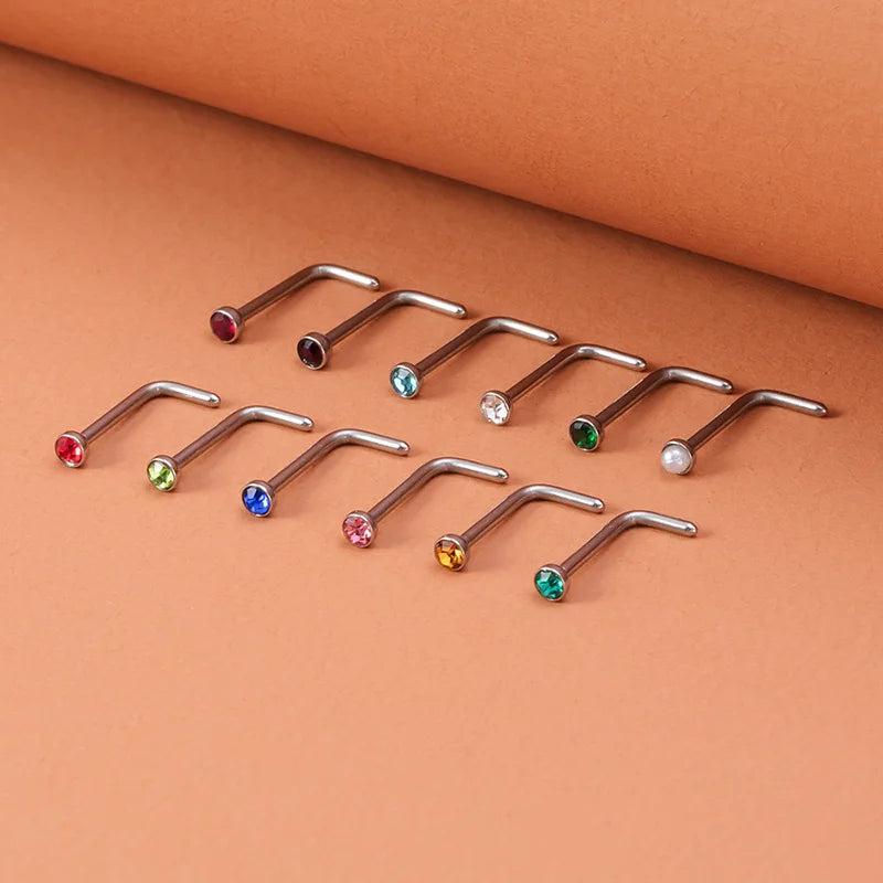 12pcs L Shape Crystal Nose Ring Set 20G