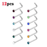 12pcs L Shape Crystal Nose Ring Set 20G