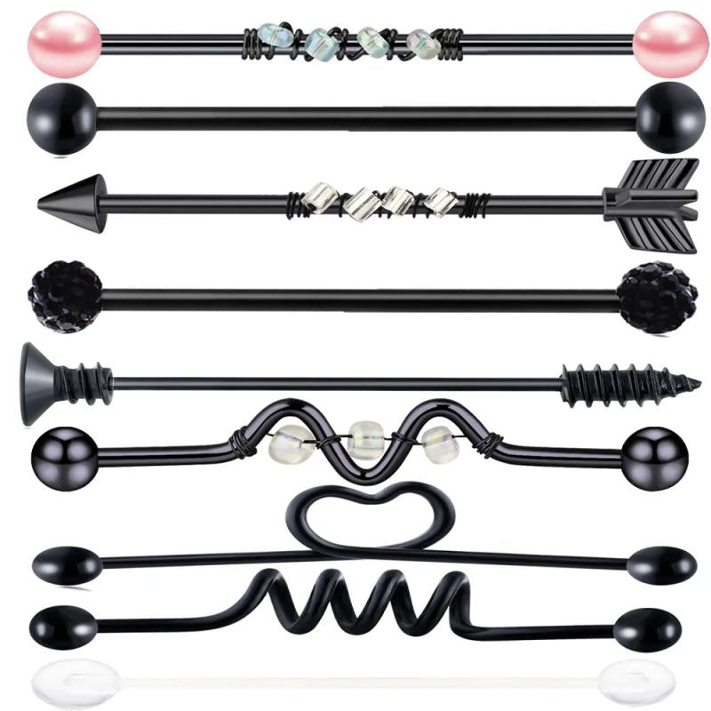 9PC Stainless Steel Heart Industrial Piercing Set Earring