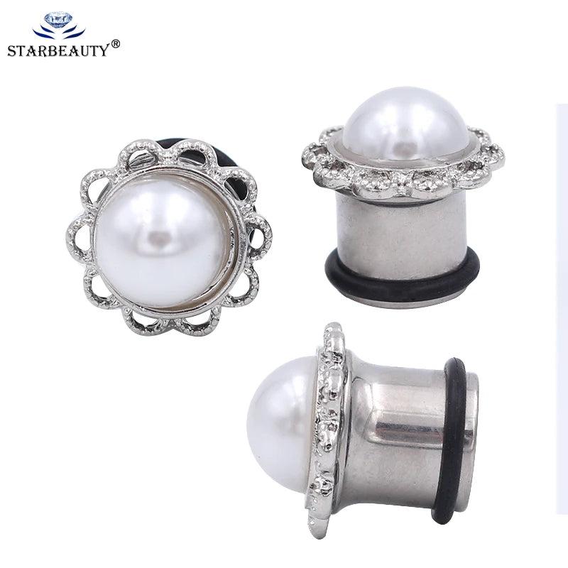Starbeauty 6-16mm Pearl Ear Plugs Flesh Tunnel Stainless Steel Body Piercing
