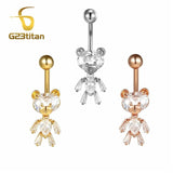 Zircon Bear Belly Button Ring Rose Silver Plated Navel Earring 14G