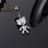 Zircon Bear Belly Button Ring Rose Silver Plated Navel Earring 14G