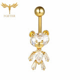 Zircon Bear Belly Button Ring Rose Silver Plated Navel Earring 14G