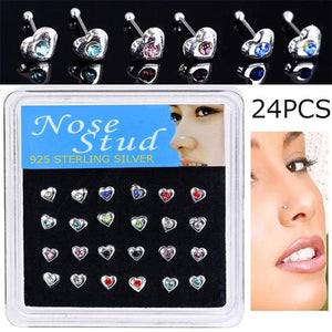 24PCS Heart Shape Nose Studs Crystal Nose Rings Colorful Nose Piercing