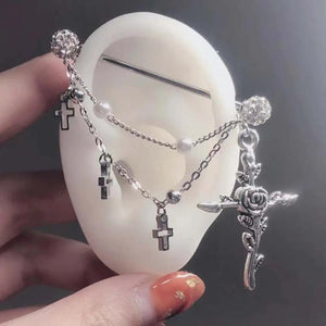 Industrial Scaffold Barbell Ear Piercing Bar with Chain Cross Pea