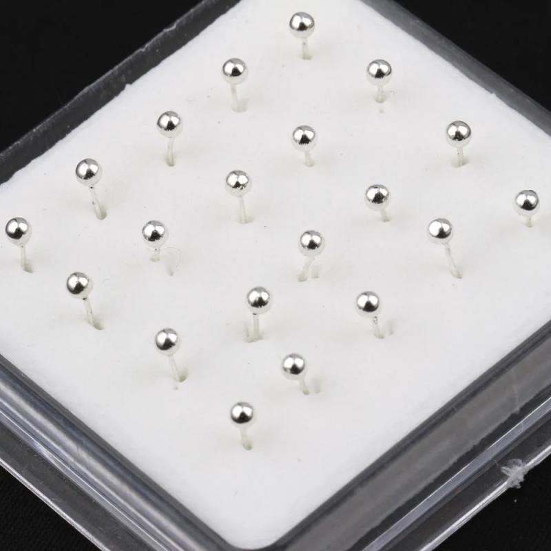 20Pcs Box Small Ball Nose Rings Piercing Studs 2.0mm 925 Silver