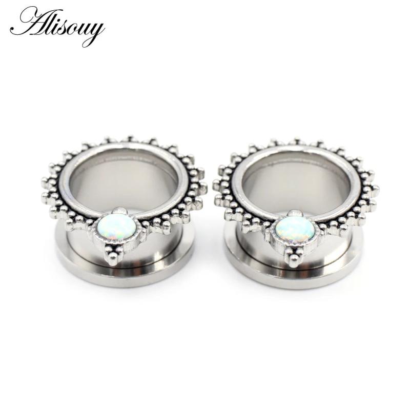 2pcs 6-25mm Opal Screw Ear Tunnels Flesh Plugs Gauges Jewelry