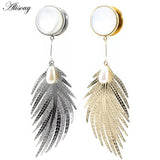 2PCS Stainless Steel Leaf Opal Stone Pearl Ear Plug Tunnel