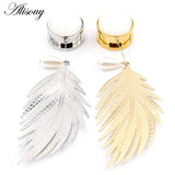 2PCS Stainless Steel Leaf Opal Stone Pearl Ear Plug Tunnel