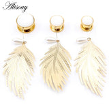 2PCS Stainless Steel Leaf Opal Stone Pearl Ear Plug Tunnel