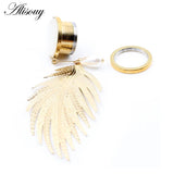 2PCS Stainless Steel Leaf Opal Stone Pearl Ear Plug Tunnel