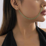 Egirl Green/Black Crystal Nose Clip Chain Ear Cuffs