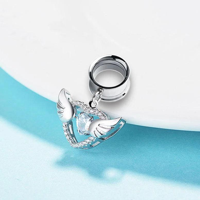 Crystal Heart Angel Wing Ear Tunnel Plugs Flesh Piercing Earrings