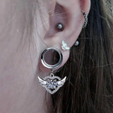 Crystal Heart Angel Wing Ear Tunnel Plugs Flesh Piercing Earrings