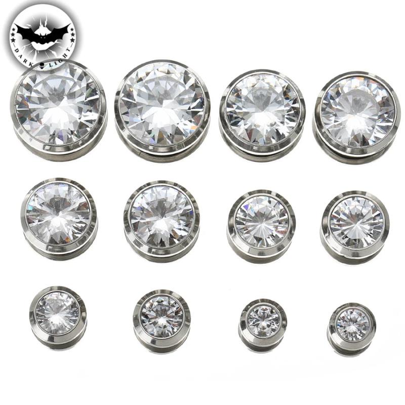 CZ Ear Tunnel Stainless Steel Plugs Gem Gauges Body Piercing 3-25mm