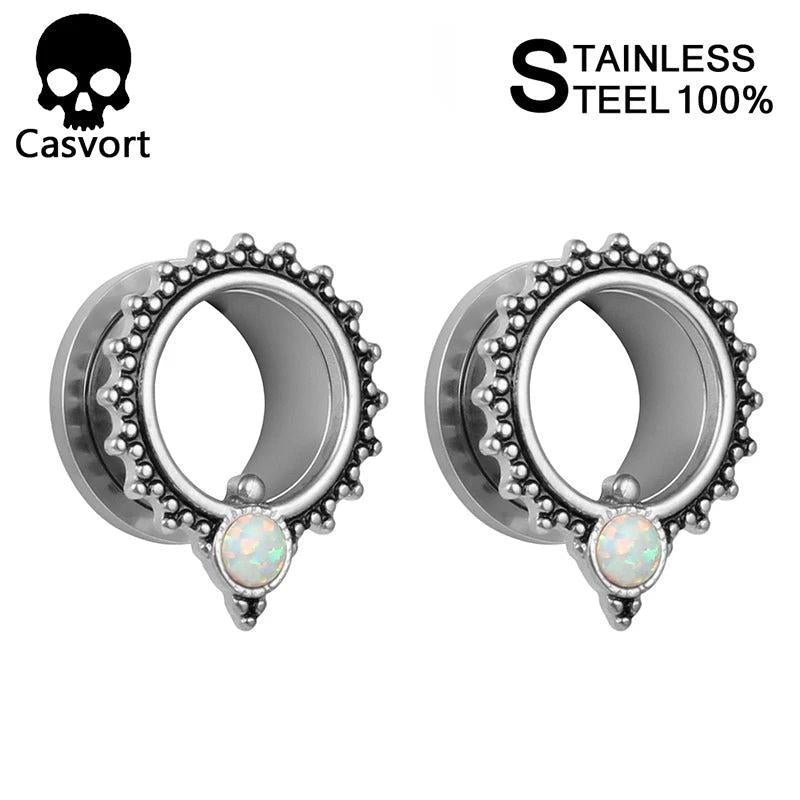 Opal Ear Tunnels Stainless Steel Ear Plugs Pair