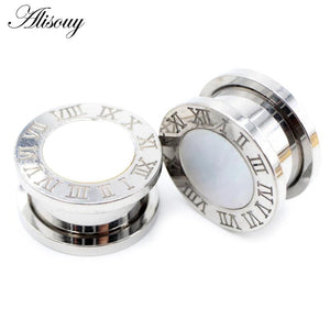 2pcs Punk Stainless Steel Roman Numerals Shell Ear Tunnels Plugs Expander