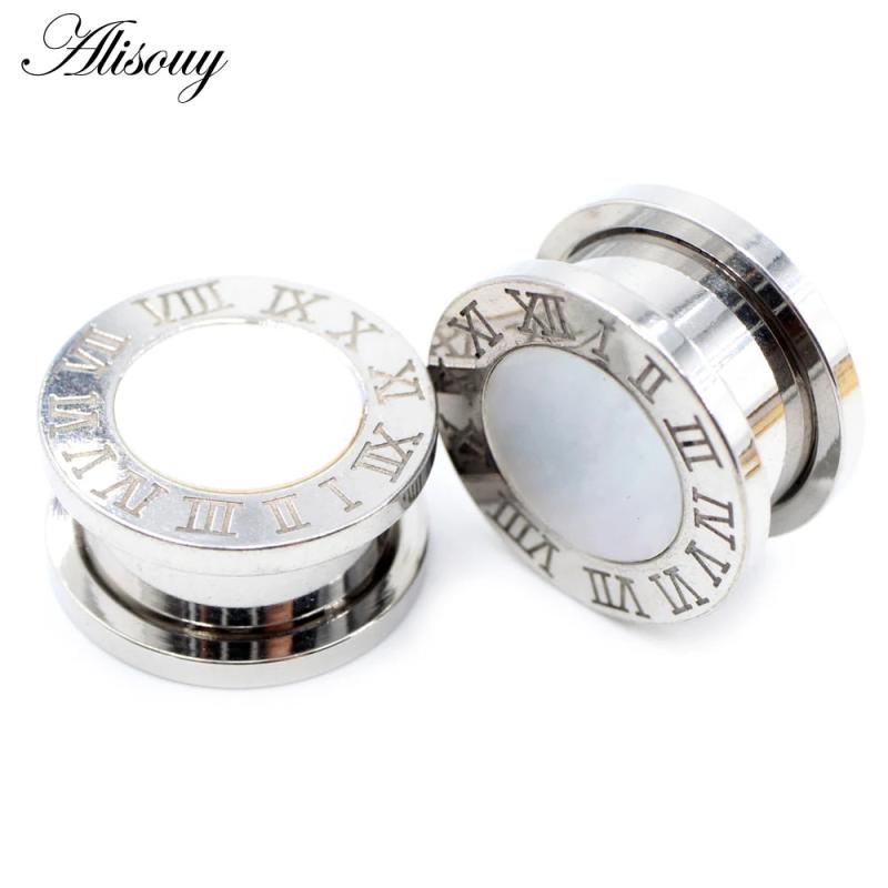 2pcs Punk Stainless Steel Roman Numerals Shell Ear Tunnels Plugs Expander