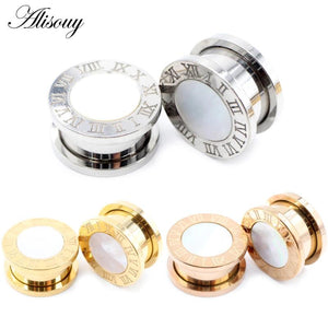 2pcs Punk Stainless Steel Roman Numerals Shell Ear Tunnels Plugs Expander