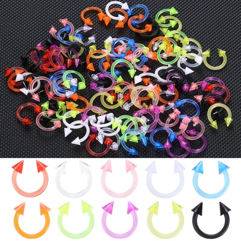 100Pcs 16G Horseshoe Piercing Spike Circular for Septum Acrylic Mix Nose Ring
