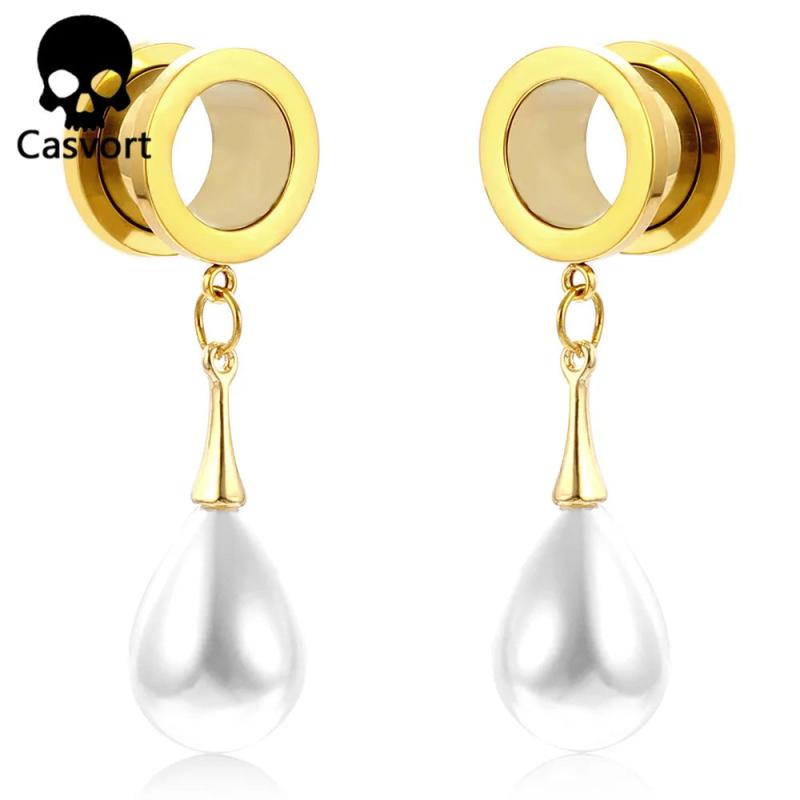 2PCS Pearl Dangle Ear Plugs Stainless Steel Expander Body Piercing
