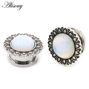 2pcs Flower Pattern Ear Tunnel Opal Stone Gauges Body Piercing Earrings