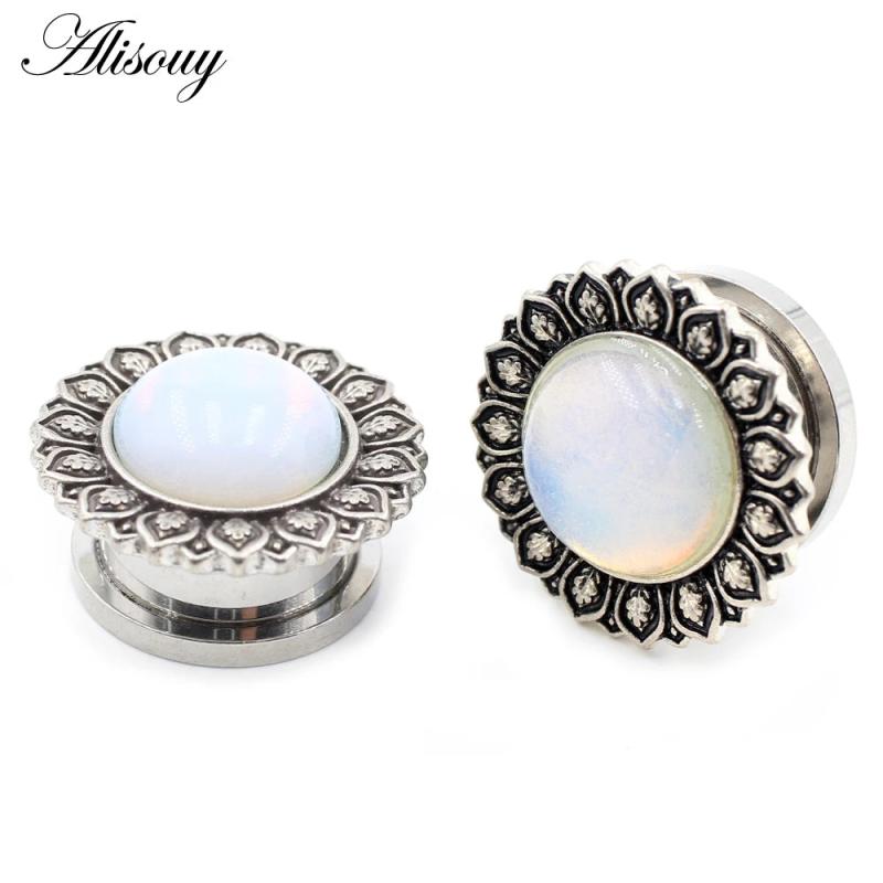 2pcs Flower Pattern Ear Tunnel Opal Stone Gauges Body Piercing Earrings