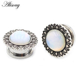 2pcs Flower Pattern Ear Tunnel Opal Stone Gauges Body Piercing Earrings