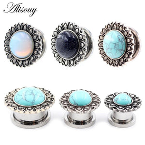 2pcs Flower Pattern Ear Tunnel Opal Stone Gauges Body Piercing Earrings