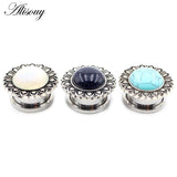 2pcs Flower Pattern Ear Tunnel Opal Stone Gauges Body Piercing Earrings
