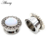 2pcs Flower Pattern Ear Tunnel Opal Stone Gauges Body Piercing Earrings
