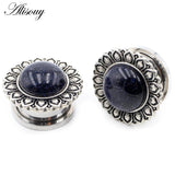 2pcs Flower Pattern Ear Tunnel Opal Stone Gauges Body Piercing Earrings