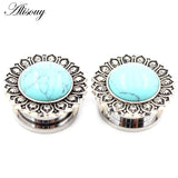 2pcs Flower Pattern Ear Tunnel Opal Stone Gauges Body Piercing Earrings